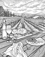 Black-and-white illustration of a rustic vineyard scene with a picnic table and wine bottles
