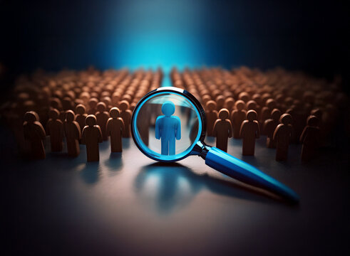 A magnifying glass focuses on a single blue figure amidst a crowd of brown figures, symbolizing talent search and selection.