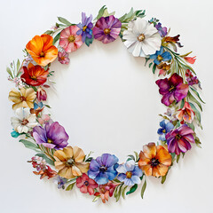Obraz premium Colorful Floral Wreath with Vibrant Flowers and Greenery in Soft Pastel Tones