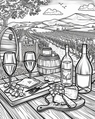 Detailed line art of a countryside vineyard with a picnic setup, including wine and cheese
