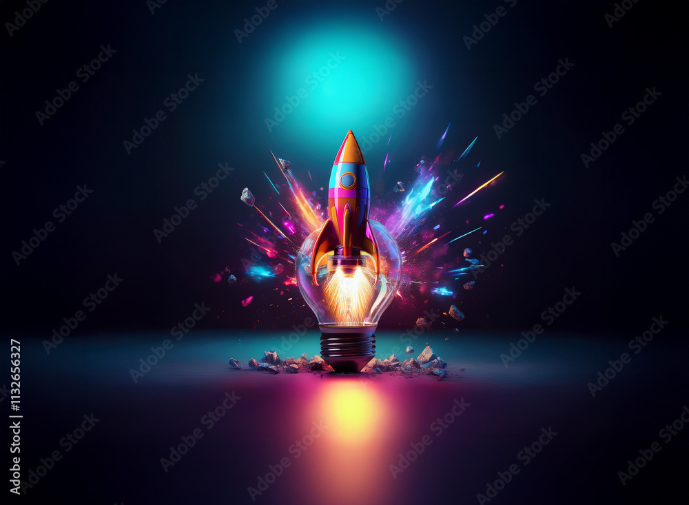 Poster a vibrant rocket bursts from a shattered lightbulb, symbolizing innovative ideas and explosive growt