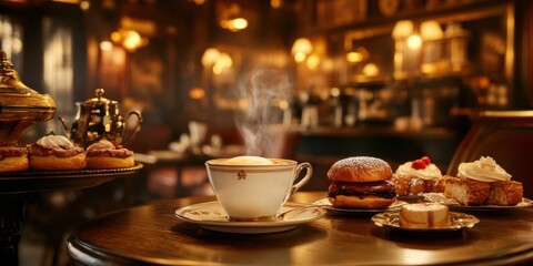 Fototapeta premium A luxurious cafÃ© scene with a ceramic coffee cup, steam rising delicately, surrounded by gourmet pastries and elegant decor