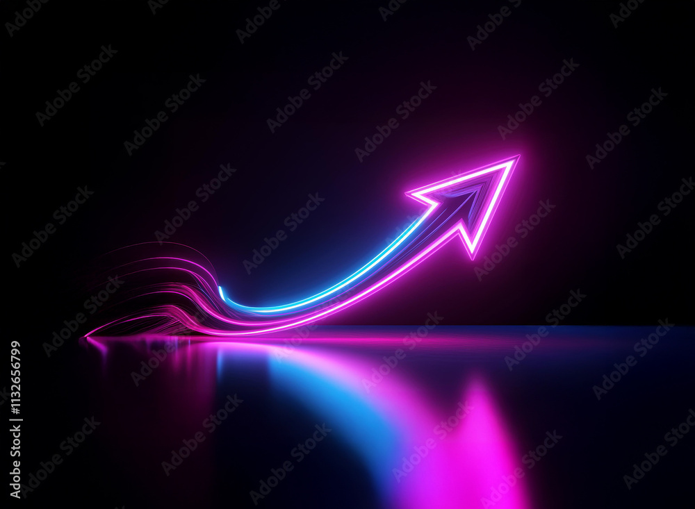 Wall mural A vibrant neon arrow ascends, its glowing trail reflecting on a dark, glossy surface. The colors shift from cool blue to hot pink, suggesting growth and upward movement.