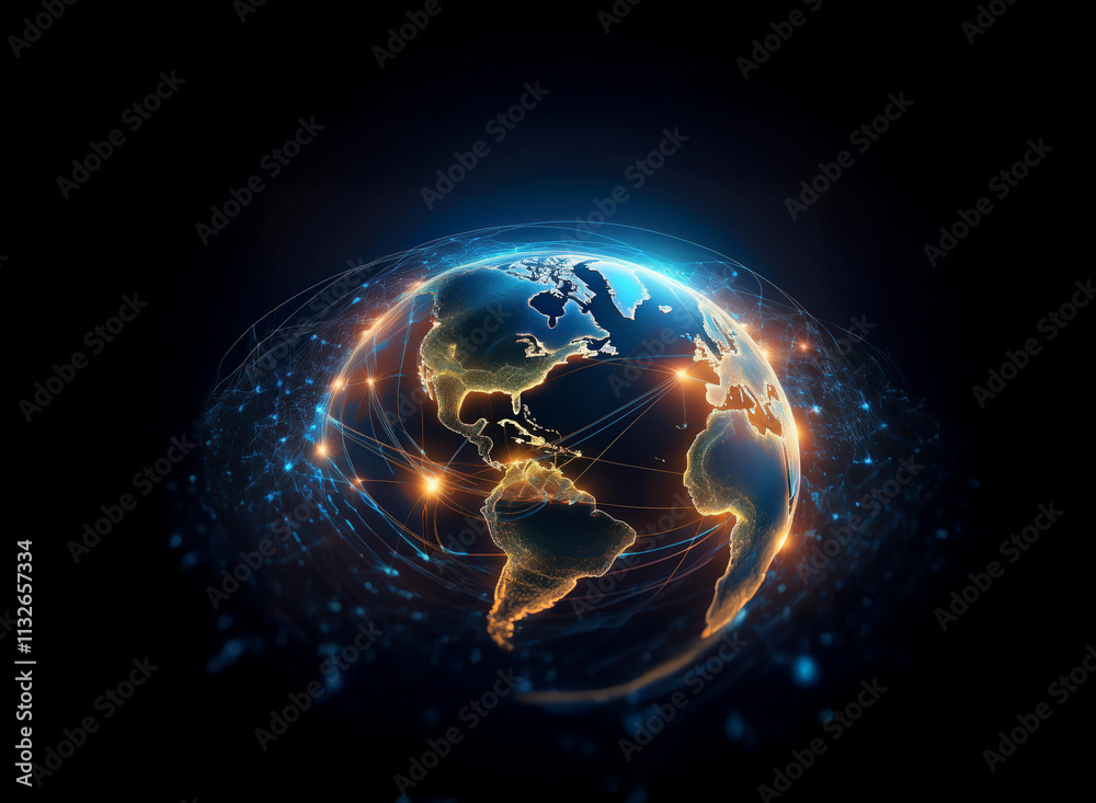 Poster A glowing digital Earth, encircled by interconnected lines, symbolizes global network and communication.  Bright nodes represent data transfer across continents.