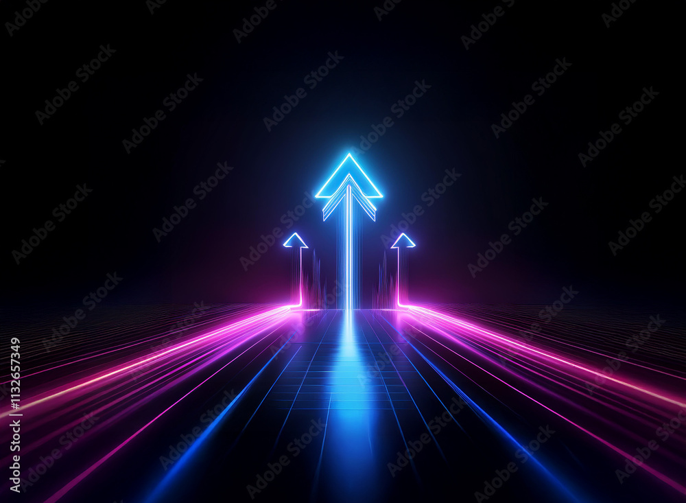 Aufkleber glowing neon arrows ascend on a dark, reflective surface, creating a dynamic, futuristic pathway. pi