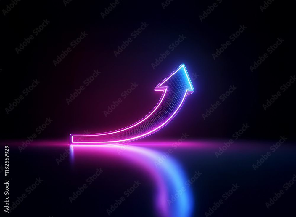 Poster a vibrant, upward-curving neon arrow glows in the dark, its reflection mirrored on a sleek surface. 