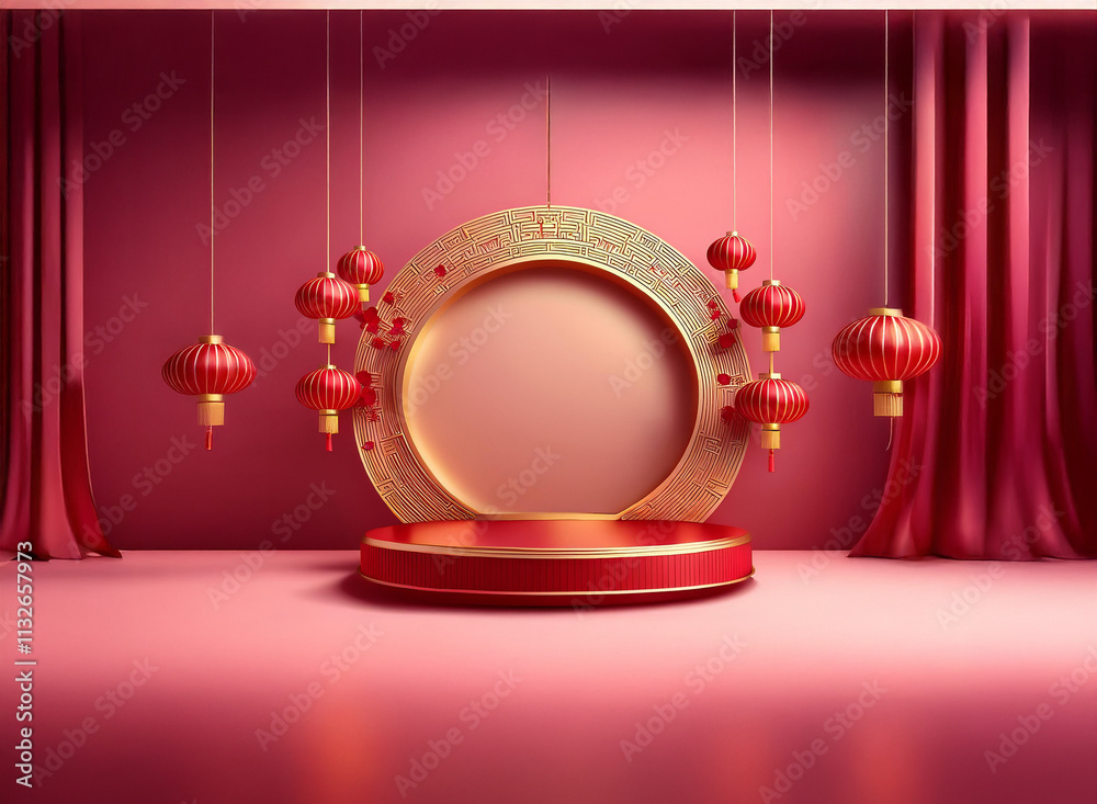 Poster elegant red and gold podium with hanging lanterns and ornate circular backdrop. perfect for festive 