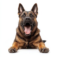 Obraz premium Surprised dog barking with mouth open, isolated on white background, highlighting pet behavior, animal communication, and canine health concepts.