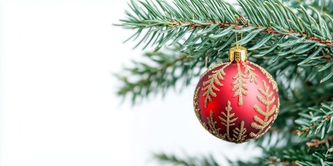 Obraz premium a beautifully decorated christmas bauble hanging on a fir branch over white background