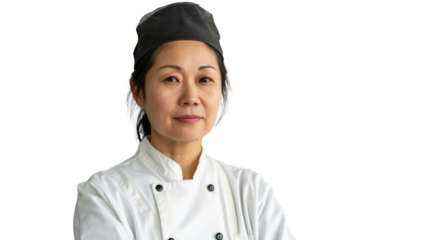 Positive professional happy caucasian asian middle age female chef on white background
