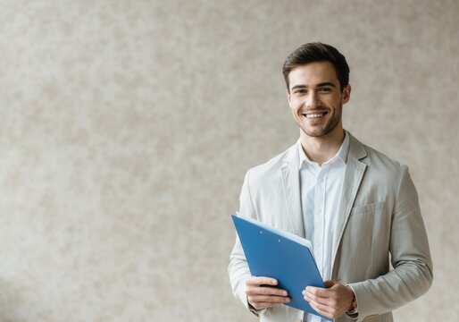 Portrait of a smiling businessman holding a clipboard and documents, representing professionalism and success in the corporate world