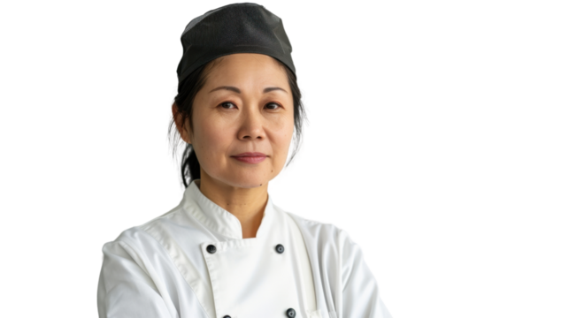Positive professional happy caucasian asian middle age female chef on white background

