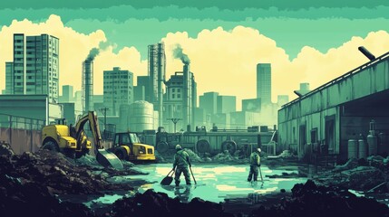 Obraz premium Industrial scene: workers, machinery, urban backdrop, watery area.