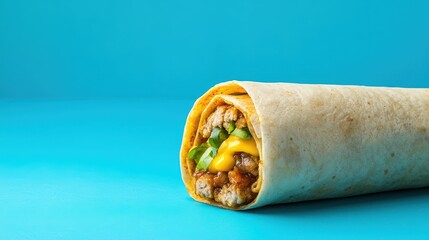 Ultra-processed Food Concept, Delicious Breakfast Burrito Glowing Under Neon Lights on a Vibrant Turquoise Background
