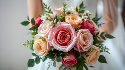 Obraz premium A vibrant bouquet of roses in shades of pink and peach, held by a bride, symbolizes love, beauty, and the joyous occasion of marriage