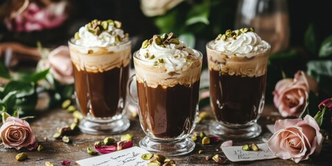 A romantic breakfast setup with three iced coffee glasses, adorned with whipped cream and pistachios, and paired with roses and love letters"