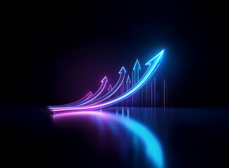 Glowing neon arrows ascend in a dynamic curve, reflecting on a dark, glossy surface.  A vibrant symbol of growth and progress.