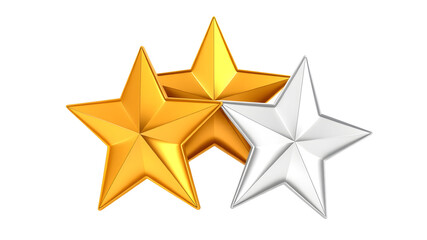 Fototapeta premium Golden, bronze, silver glossy metallic stars 3d realistic style. Leadership, game award, customer feedback symbol vector illustration isolated on white background. Generative AI