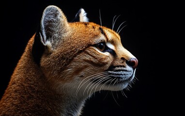 Fototapeta premium Profile of a Geoffroy's cat against a black background, showcasing its fur, eyes, and whiskers.
