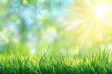 Fototapeta premium Bright Sunlight Through Green Grass with Bokeh Effect Creating a Warm and Inviting Natural Scene for Outdoor Settings and Landscapes