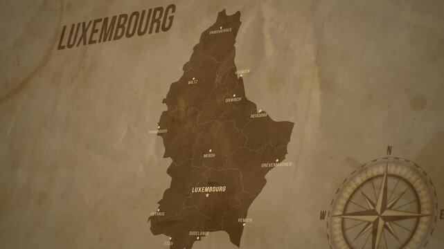 Vintage Map of LUXEMBOURG with states Borders and Major Cities Positions
