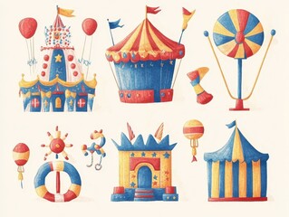Fototapeta premium Colorful Circus Tent and Ride Illustrations