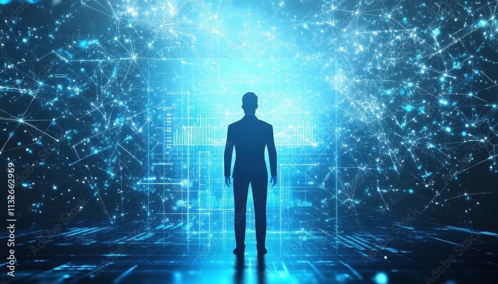 Poster businessman facing futuristic data network visualization