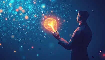Obraz premium Man Holding Illuminated Networked Lightbulb Idea