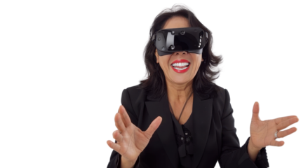 Asian caucasian middle age businesswoman watching vr glasses laughing and gesturing with hand on white background
