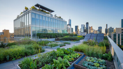 An eco-friendly rooftop oasis on a city building, blending lush plants, vegetable patches, and solar panels with stunning skyline views.