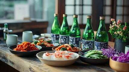 Fototapeta premium Korean dining setup with soju bottles and colorful side dishes, including kimchi, pickled radish, and seasoned vegetables on a rustic tabletop.