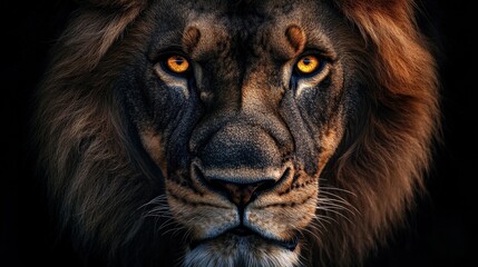 Fototapeta premium Majestic Lion Portrait Intense Golden Eyes Dark Mane