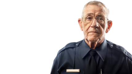 A police officer caucasian american senior man on white background
