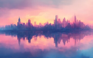Obraz premium Pink sunrise cityscape reflected in calm water.