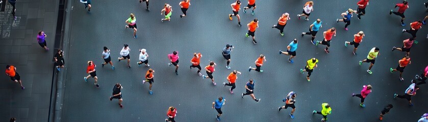 Aerial View Of Many Runners In A City Race