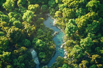 Fototapeta premium Aerial View of Lush Green Forest with Meandering River Flowing Through Vibrant Tree Canopy and Scenic Nature Landscape