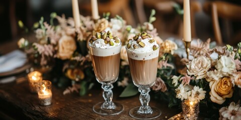 Obraz premium An elegant wedding table setup with three iced coffee glasses topped with whipped cream and pistachios, paired with floral arrangements and candles