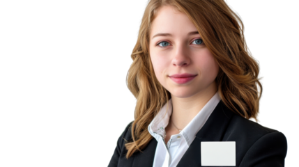 American young businesswoman with badge on white background
