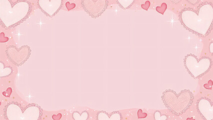 Pink background with hearts, stars and copy space. It's a girl backdrop with empty space for text. Baby shower or birthday invitation, party. Women's Day. Baby girl birth announcement.