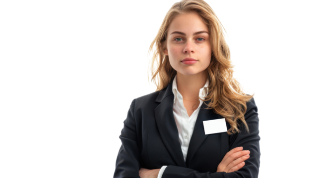 American young businesswoman with badge on white background