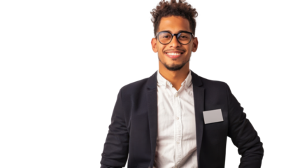 American young businessman with badge on white background