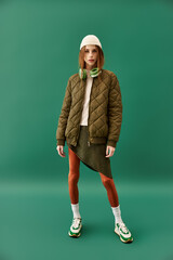 Young woman with anorexia showcases unique style against a bright green background.