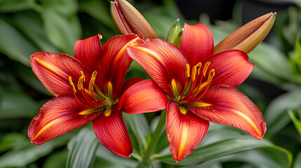 Fototapeta premium Vibrant close up of red copper lilies with striking petals and lush green leaves