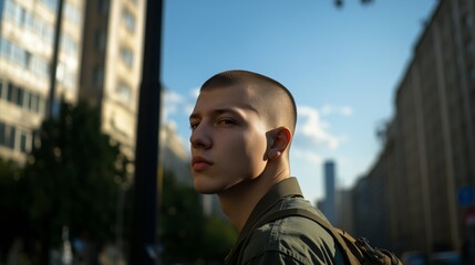 Man with a shaved head and a backpack