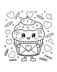 Kawaii Valentine Coloring Page. Smiling Cupcake with Love Letter and Heart Sprinkles