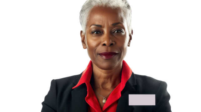 American senior businesswoman with badge on white background
