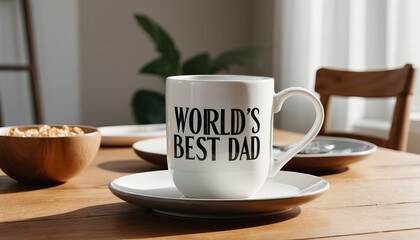 Fototapeta premium World's best dad mug on a wooden table with breakfast and natural light