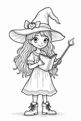 Coloring Page of a Young Witch with a Magical Book and Wand