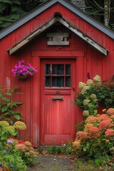 Red Wooden Cabin Door With Colorful Flowers