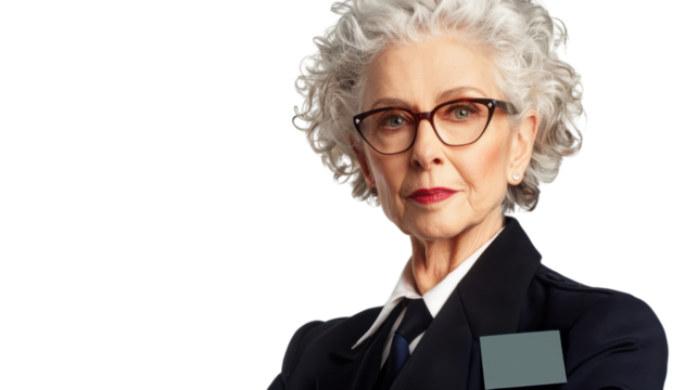 American senior businesswoman with badge on white background